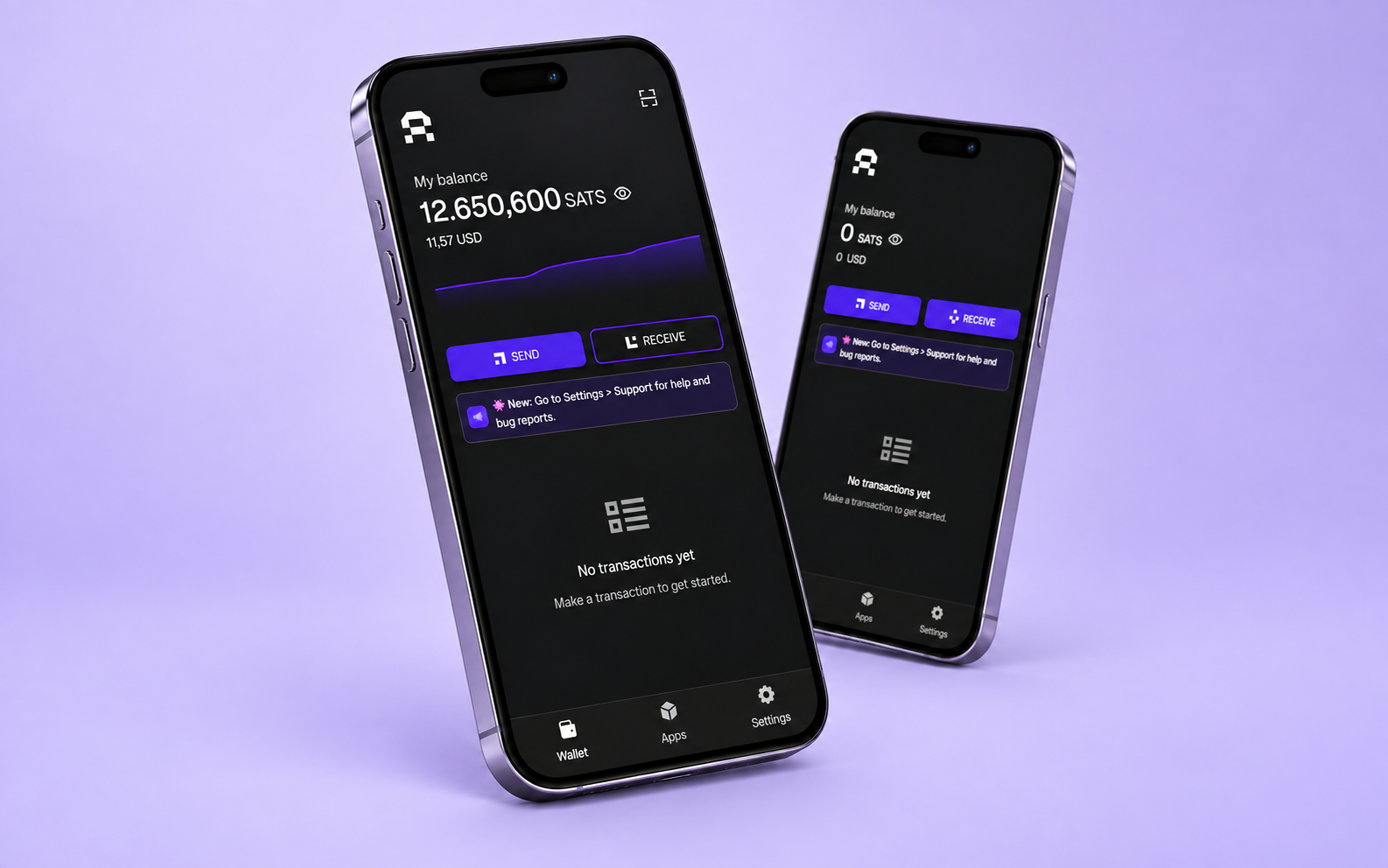 Original and redesigned Arkade Wallet screens displayed on purple smartphones