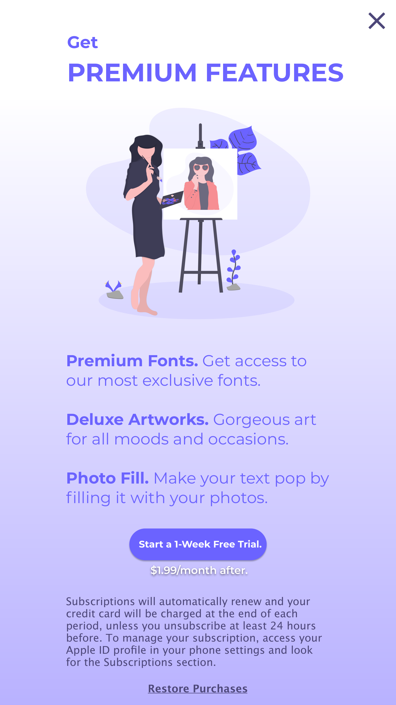 Premium subscription screen for a creative app, presenting premium fonts, artworks, photo fill, a free trial and subscription terms