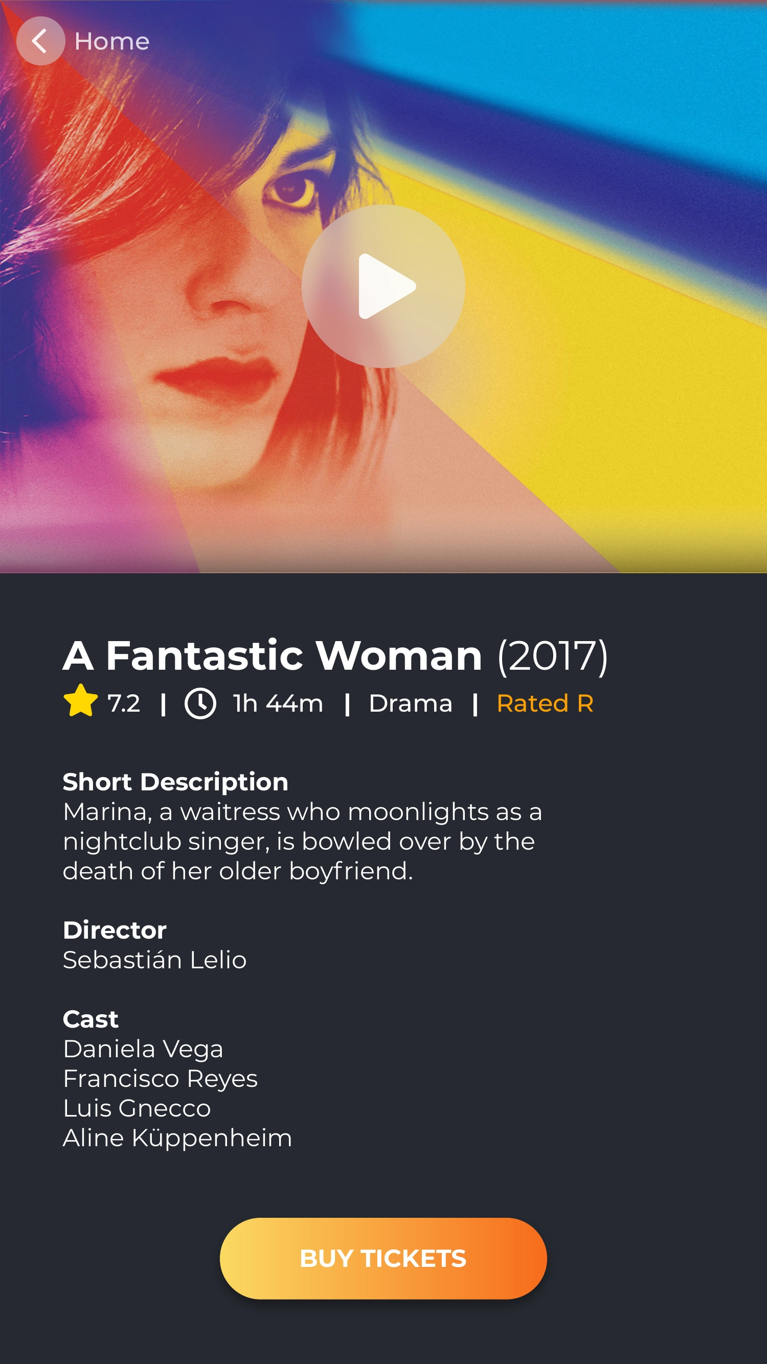 Movie detail screen with trailer, rating, duration, genre, synopsis, director, cast and buy tickets action