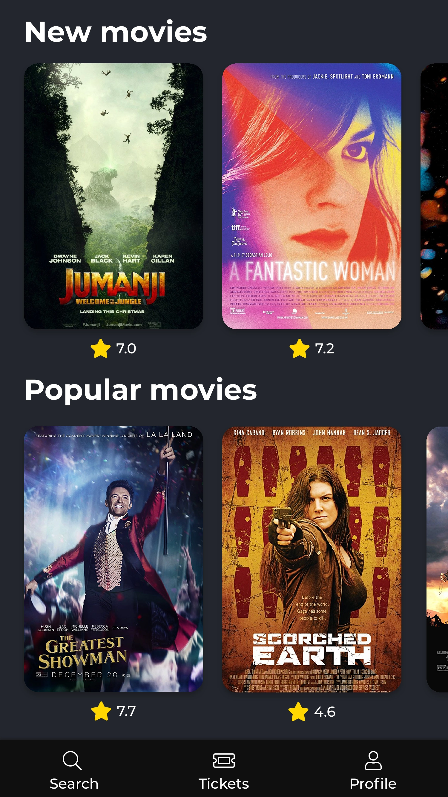 Cinema app home screen with new movies, popular movies and ratings