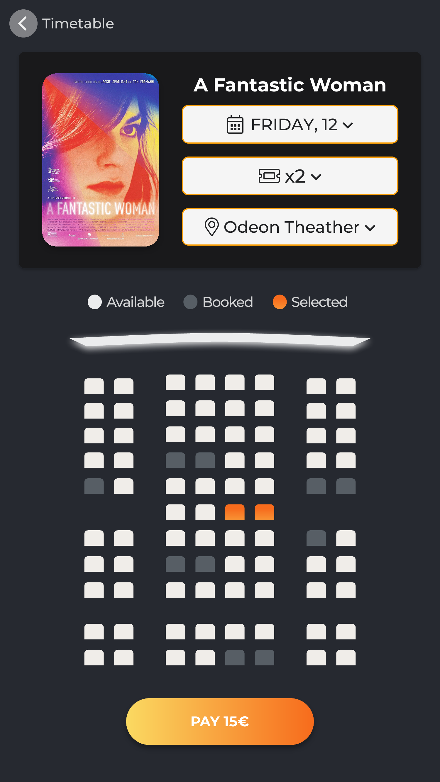 Seat selection screen showing available, booked and selected seats with the selected movie, date, theater and payment action