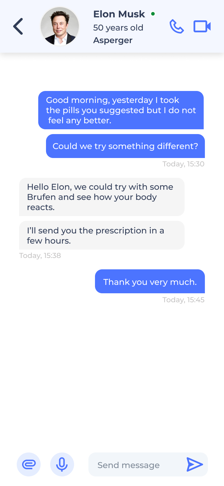 Doctor Companion chat screen showing a conversation between doctor and patient
