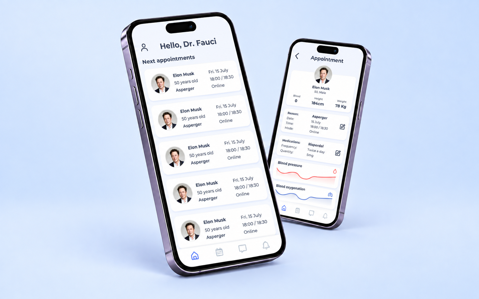 Doctor Companion home and patient screens shown on two phones