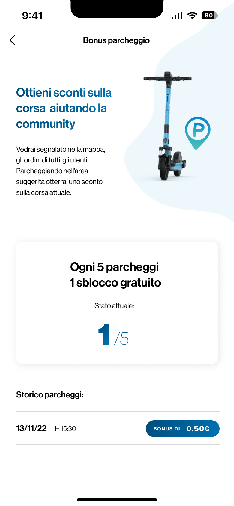Parking bonus page showing progress towards a free ride and the parking history