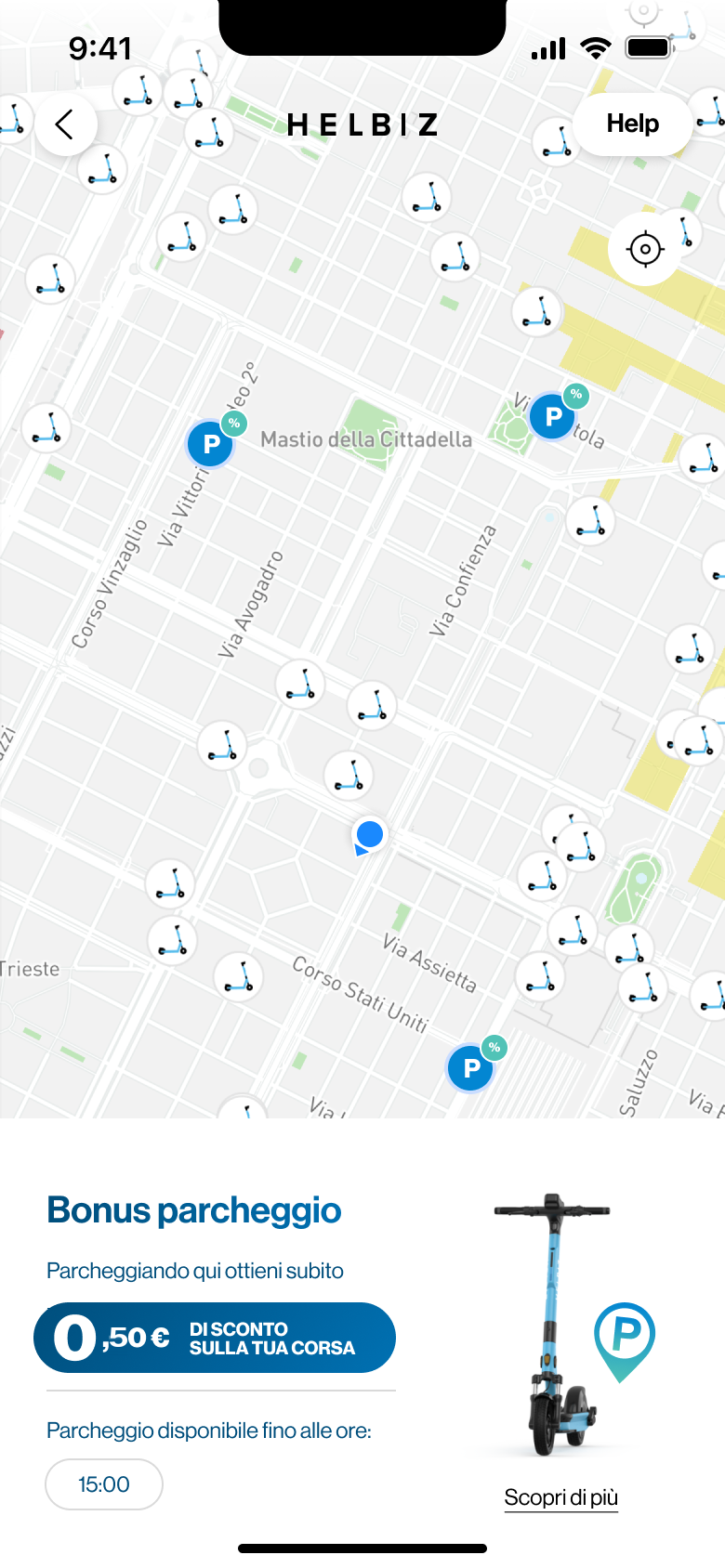 Scooter map with P icons and a bottom sheet showing the parking discount and the time until which parking is available