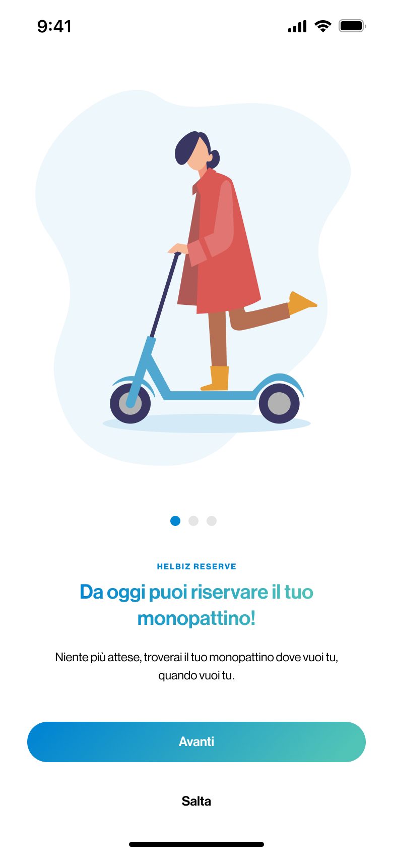 Helbiz Reserve onboarding screen with an illustrated rider and the call to reserve a scooter
