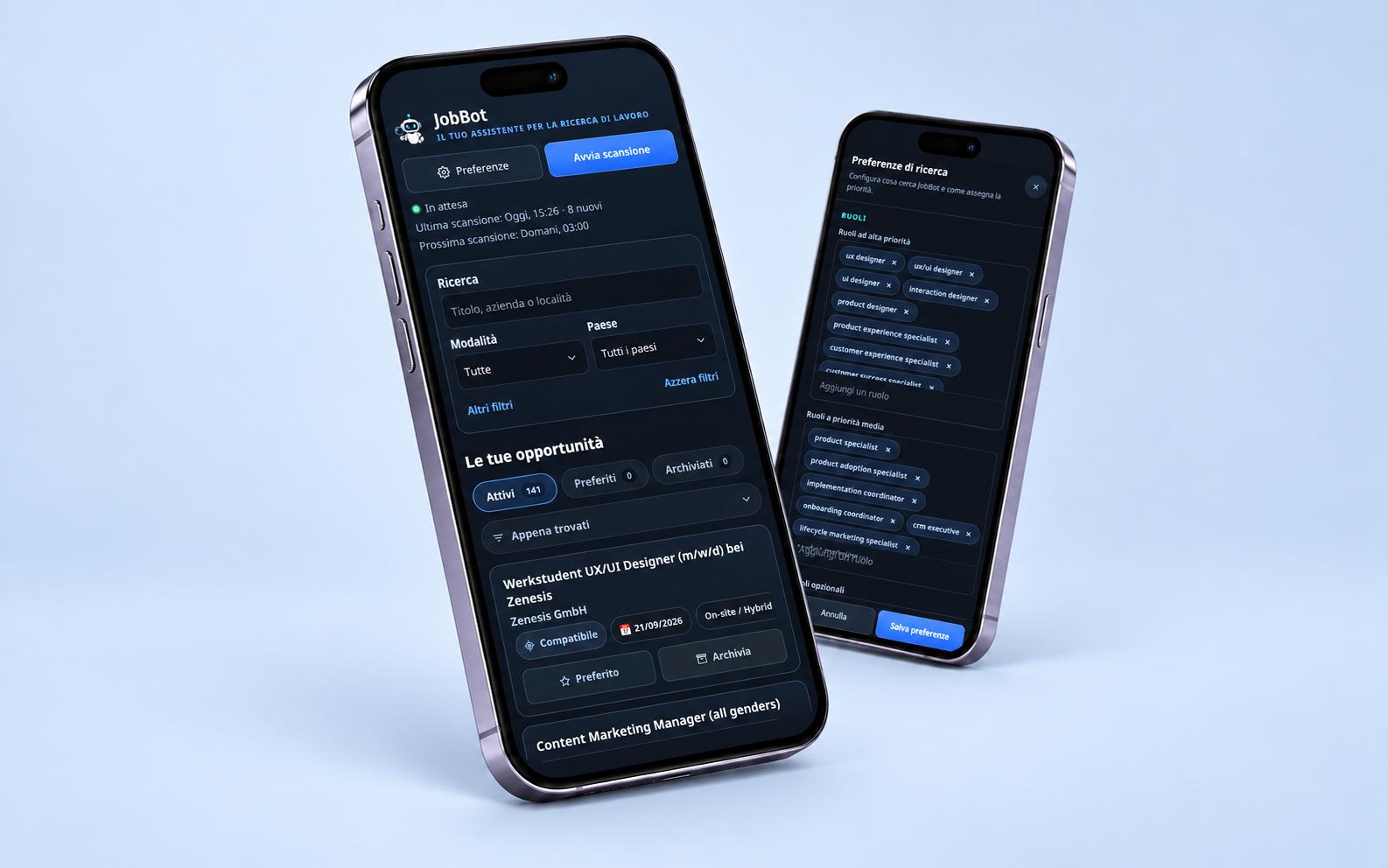 JobBot dashboard and search preferences shown on two angled phones
