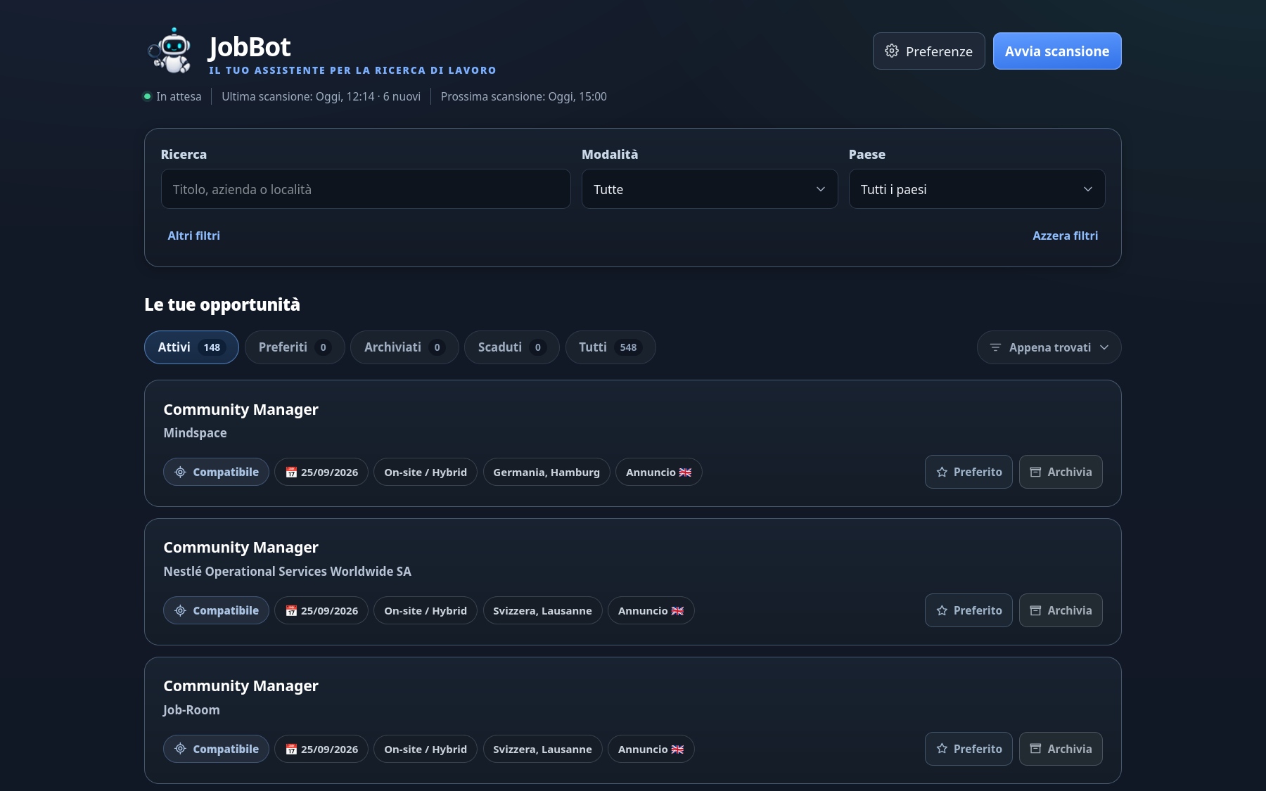 JobBot desktop dashboard with search controls, status navigation and opportunity cards